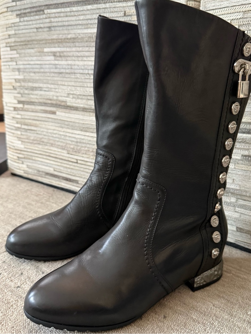 Black Mid-Calf Women's Leather Boots with Decorative Studs